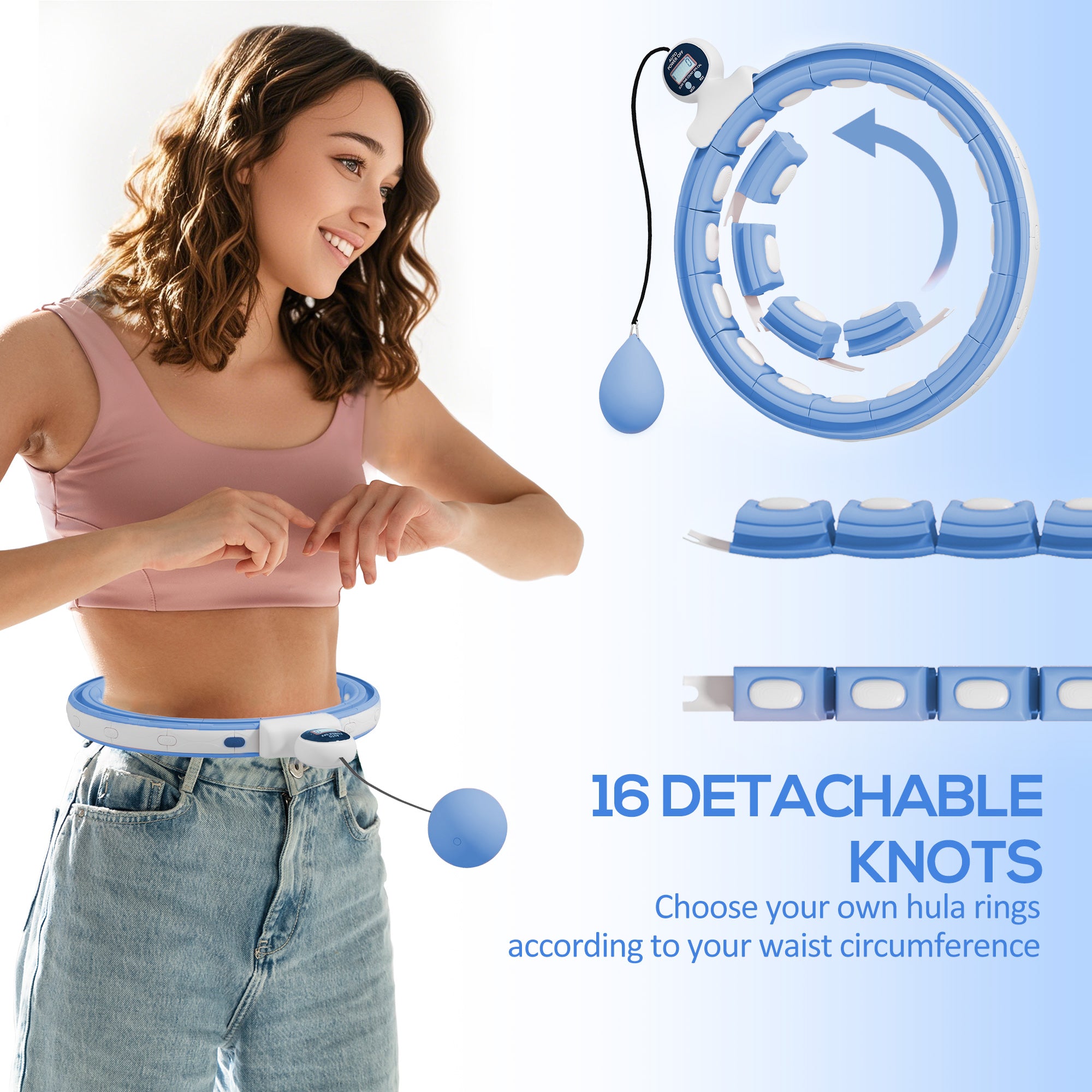 IKE FITNESS & GYM ESSENTIALS Smart Weighted Hula Hoop, Massage Hula Ring W/ 16 Detachable Knots, 360° Auto-Rotating Ball, Digital Counter Light Blue
