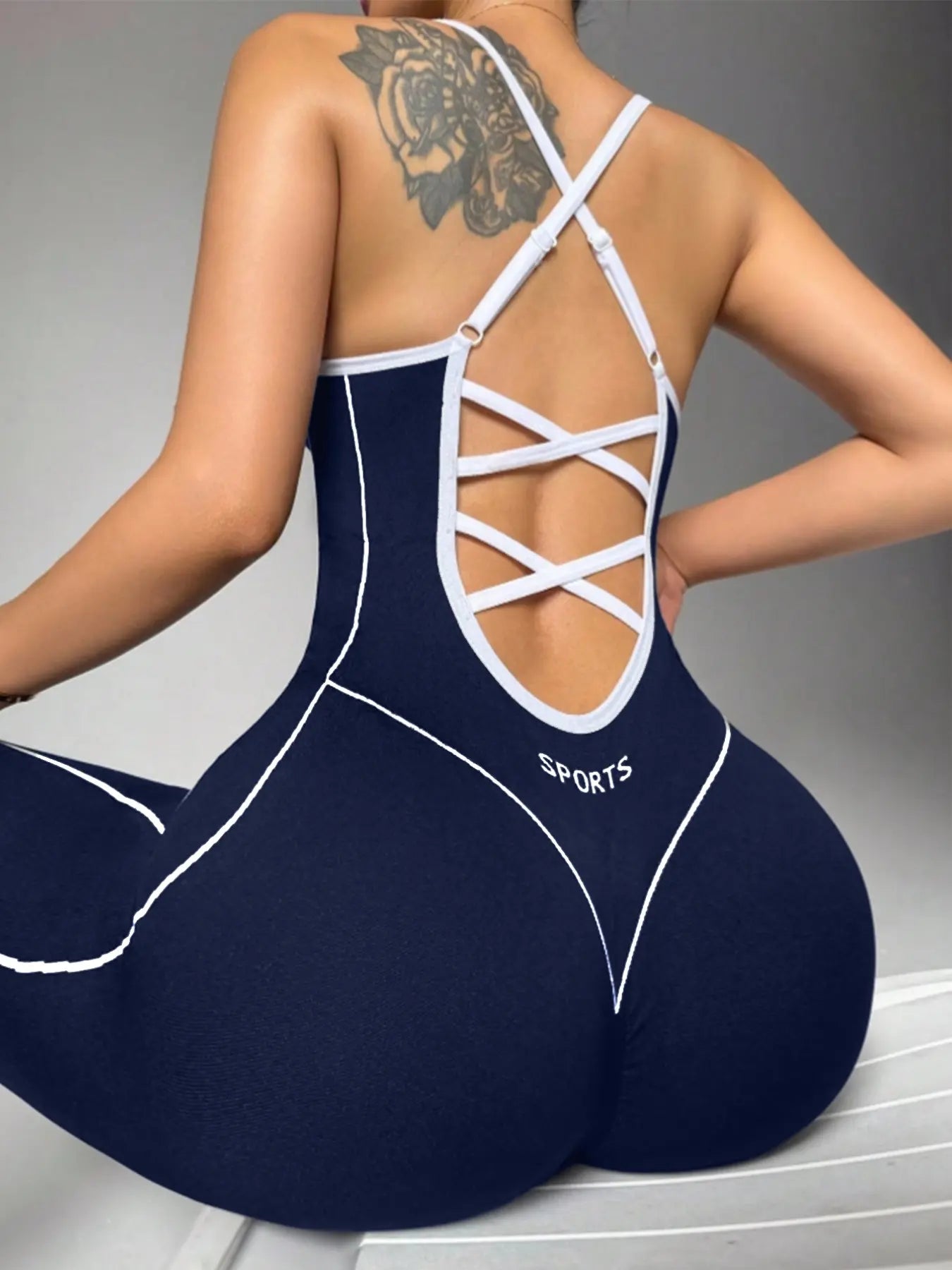 Women'S Seamless High Stretch Knit Halter Jumpsuit Tight Fit Nine-Quarter Pants, Back Cross Shoulder Straps, Outdoor Cycling Gym Yoga Daily Wear