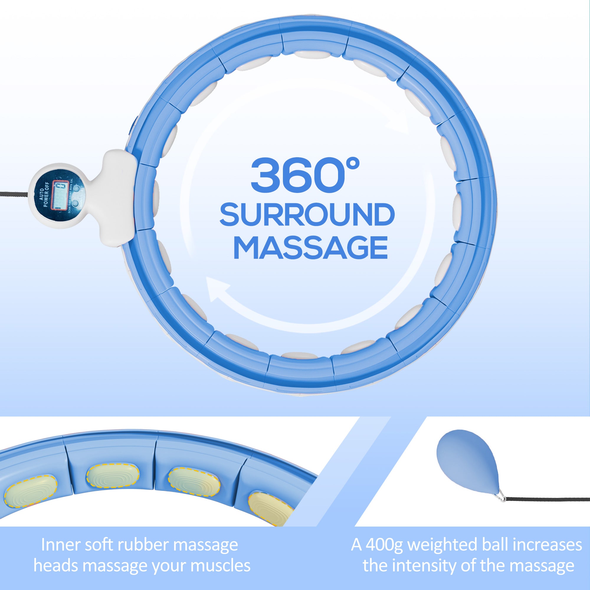 IKE FITNESS & GYM ESSENTIALS Smart Weighted Hula Hoop, Massage Hula Ring W/ 16 Detachable Knots, 360° Auto-Rotating Ball, Digital Counter Light Blue