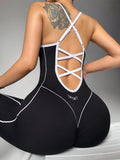 Women'S Seamless High Stretch Knit Halter Jumpsuit Tight Fit Nine-Quarter Pants, Back Cross Shoulder Straps, Outdoor Cycling Gym Yoga Daily Wear