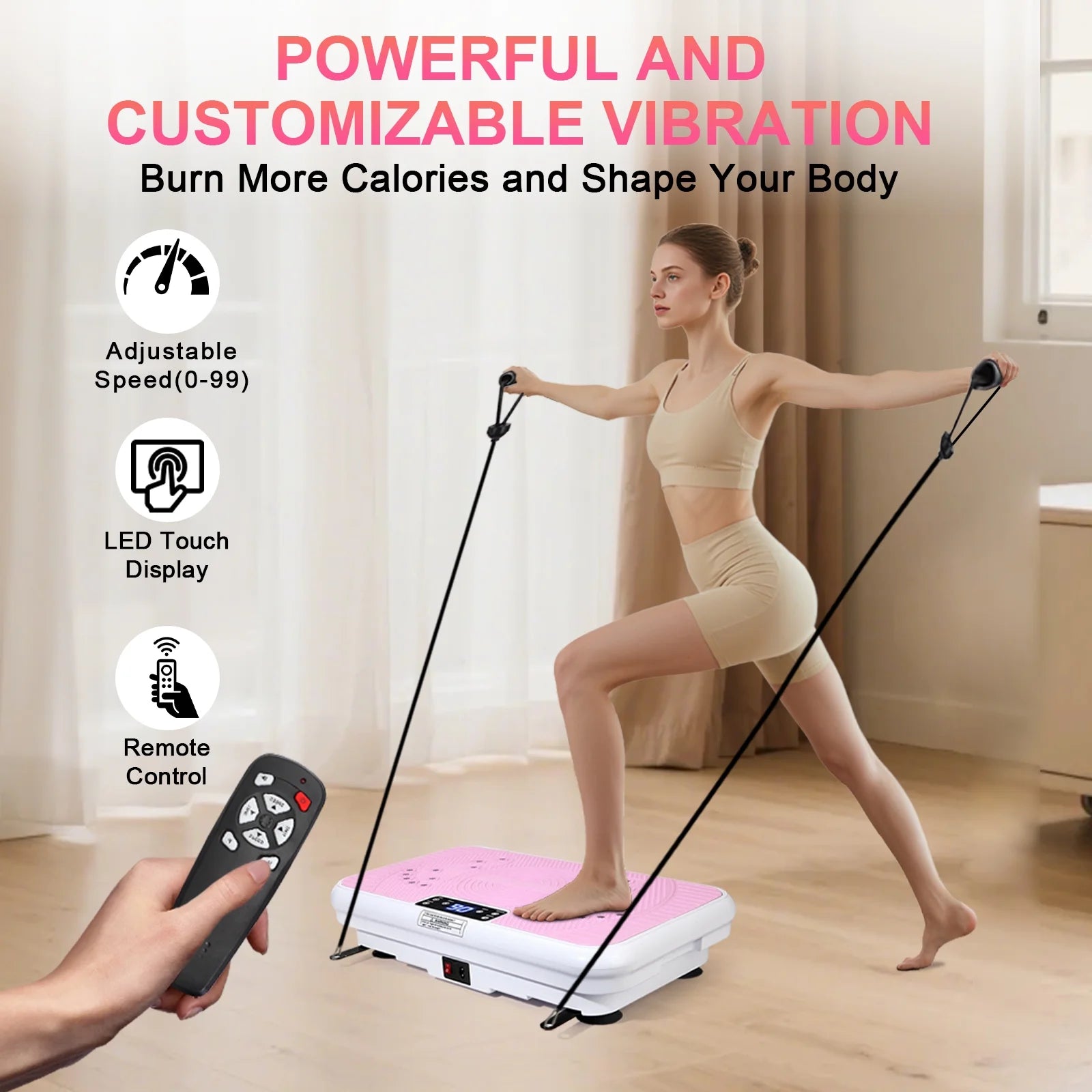 Vibrating Plate Exercise Machine with LED Display, 199 Adjustable Speeds Power, 300 Lbs 150 Watts, Shake Board Sport Gym for Women and Men, Pink